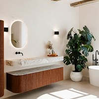 THOR-DLUX 170cm meubles de salle de bains courbe gauche + droite couleur Ruby avec 1 tiroir et 2 portes. Lavabo suspendu CLOUD Gauche sans trou pour robinet couleur Glace.