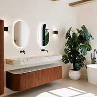 THOR-DLUX 170cm meubles de salle de bains courbe gauche + droite couleur Ruby avec 1 tiroir et 2 portes. Lavabo suspendu CLOUD Double sans trou pour robinet couleur Glace.