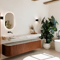 THOR-DLUX 200cm mueble de baño curva izquierda + derecha color Ruby con 2 cajones y 2 puertas. Lavabo suspendido CLOUD Izquierda sin orificio color Glace.