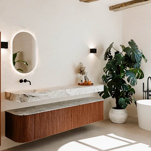 THOR-DLUX 200cm mueble de baño curva izquierda + derecha color Ruby con 2 cajones y 2 puertas. Lavabo suspendido CLOUD Izquierda sin orificio color Glace.