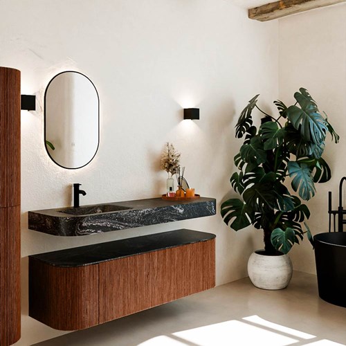 THOR-DLUX 150cm meubles de salle de bains courbe gauche + droite couleur Ruby avec 1 tiroir et 2 portes. Lavabo suspendu CLOUD Gauche 1 trou pour robinetter couleur Lava.