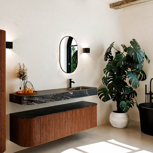 THOR-DLUX 160cm meubles de salle de bains courbe gauche + droite couleur Ruby avec 1 tiroir et 2 portes. Lavabo suspendu CLOUD Droite 1 trou pour robinetter couleur Lava.