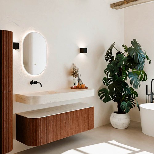 THOR-DLUX 140cm bathroom vanity set curve left + right color Ruby with 1 drawer and 2 doors. Wall mounted sink CLOUD Left without tab hole color Meli.