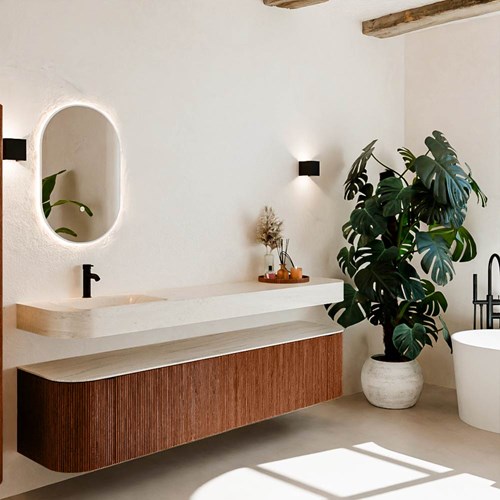 THOR-DLUX 200cm bathroom vanity set curve left + right color Ruby with 2 drawers and 2 doors. Wall mounted sink CLOUD Left 1 tab hole color Meli.