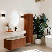 THOR-DLUX 100cm badmeubel ronding links + rechts kleur Ruby met 1 lade en 2 deuren. Vrijhangende wastafel CLOUD Rechts 1 kraangat kleur Nata.