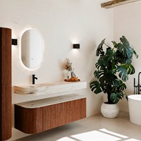 THOR-DLUX 140cm bathroom vanity set curve left + right color Ruby with 1 drawer and 2 doors. Wall mounted sink CLOUD Left 1 tab hole color Nata.