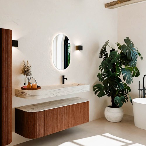 THOR-DLUX 140cm meubles de salle de bains courbe gauche + droite couleur Ruby avec 1 tiroir et 2 portes. Lavabo suspendu CLOUD Droite 1 trou pour robinetter couleur Nata.