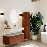 THOR-DLUX 110cm mueble de baño curva izquierda + derecha color Ruby con 1 cajón y 2 puertas. Lavabo suspendido CLOUD Derecho 1 orificio color Opalo.