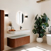THOR-DLUX 120cm meubles de salle de bains courbe gauche + droite couleur Ruby avec 1 tiroir et 2 portes. Lavabo suspendu CLOUD Droite 1 trou pour robinetter couleur Opalo.