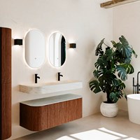 THOR-DLUX 120cm meubles de salle de bains courbe gauche + droite couleur Ruby avec 1 tiroir et 2 portes. Lavabo suspendu CLOUD Double 2 trous robinetterie couleur Opalo.