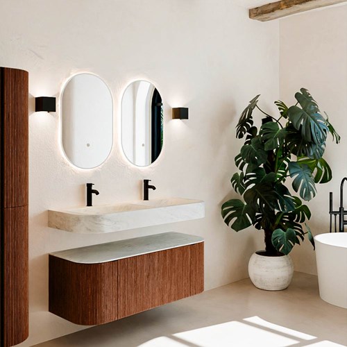 THOR-DLUX 120cm meubles de salle de bains courbe gauche + droite couleur Ruby avec 1 tiroir et 2 portes. Lavabo suspendu CLOUD Double 2 trous robinetterie couleur Opalo.