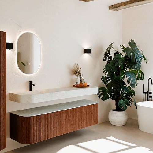 THOR-DLUX 170cm bathroom vanity set curve left + right color Ruby with 1 drawer and 2 doors. Floating sink CLOUD Left 1 tab hole color Opalo.