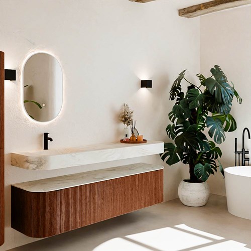 THOR-DLUX 180cm meubles de salle de bains courbe gauche + droite couleur Ruby avec 2 tiroirs et 2 portes. Lavabo suspendu CLOUD Gauche 1 trou pour robinetter couleur Ostra.