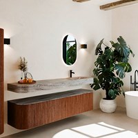 THOR-DLUX 190cm bathroom vanity set curve left + right color Ruby with 2 drawers and 2 doors. Wall mounted sink CLOUD Right 1 tab hole color Oza.