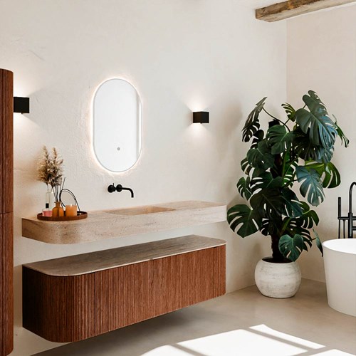 THOR-DLUX 160cm bathroom vanity set curve left + right color Ruby with 1 drawer and 2 doors. Wall mounted sink CLOUD Center without tab hole color Saba.