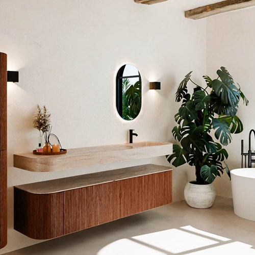 THOR-DLUX 190cm mueble de baño curva izquierda + derecha color Ruby con 2 cajones y 2 puertas. Lavabo suspendido CLOUD Derecho 1 orificio color Saba.