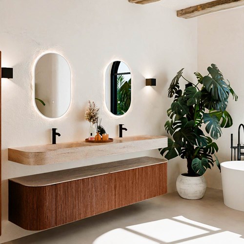 THOR-DLUX 200cm meubles de salle de bains courbe gauche + droite couleur Ruby avec 2 tiroirs et 2 portes. Lavabo suspendu CLOUD Double 2 trous robinetterie couleur Saba.