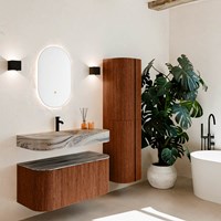 THOR-DLUX 100cm badmeubel ronding links + rechts kleur Ruby met 1 lade en 2 deuren. Vrijhangende wastafel CLOUD Midden 1 kraangat kleur Sombra.