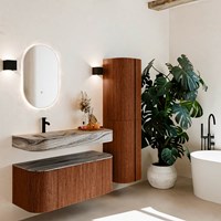THOR-DLUX 110cm meubles de salle de bains courbe gauche + droite couleur Ruby avec 1 tiroir et 2 portes. Lavabo suspendu CLOUD Gauche 1 trou pour robinetter couleur Sombra.