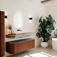 THOR-DLUX 140cm meubles de salle de bains courbe gauche + droite couleur Ruby avec 1 tiroir et 2 portes. Lavabo suspendu CLOUD Centrée sans trou pour robinet couleur Sombra.