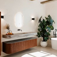 THOR-DLUX 180cm meubles de salle de bains courbe gauche + droite couleur Ruby avec 2 tiroirs et 2 portes. Lavabo suspendu CLOUD Centrée sans trou pour robinet couleur Sombra.