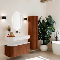 THOR 100cm mueble de baño curva izquierda + derecha color Ruby con 1 cajón y 2 puertas. Lavabo suspendido CLOUD Derecho sin orificio color Talc.