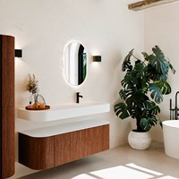 THOR 140cm meubles de salle de bains courbe gauche + droite couleur Ruby avec 1 tiroir et 2 portes. Lavabo suspendu CLOUD Droite 1 trou pour robinetter couleur Talc.