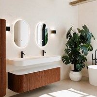 THOR 150cm mueble de baño curva izquierda + derecha color Ruby con 1 cajón y 2 puertas. Lavabo suspendido CLOUD Doble 2 orificios color Talc.
