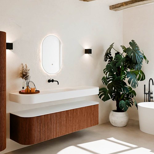 THOR 170cm bathroom vanity set curve left + right color Ruby with 1 drawer and 2 doors. Floating sink CLOUD Center without tab hole color Talc.