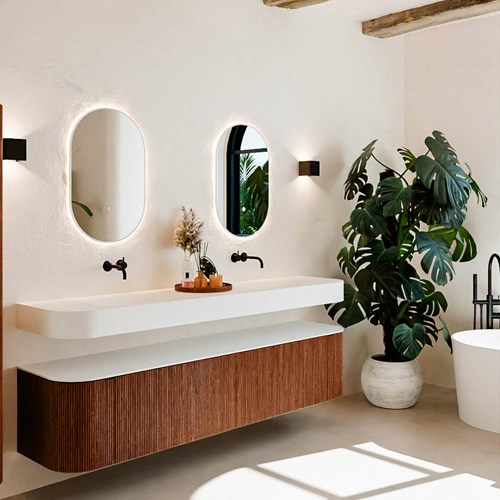 THOR 200cm mueble de baño curva izquierda + derecha color Ruby con 2 cajones y 2 puertas. Lavabo suspendido CLOUD Doble sin orificio color Talc.