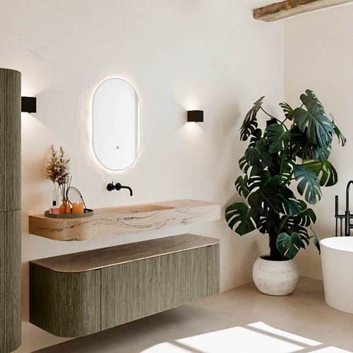 THOR-DLUX 150cm meubles de salle de bains courbe gauche + droite couleur Shadow avec 1 tiroir et 2 portes. Lavabo suspendu CLOUD Centrée sans trou pour robinet couleur Arena.