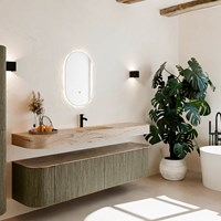 THOR-DLUX 190cm meubles de salle de bains courbe gauche + droite couleur Shadow avec 2 tiroirs et 2 portes. Lavabo suspendu CLOUD Centrée 1 trou pour robinetter couleur Arena.