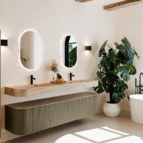 THOR-DLUX 200cm mueble de baño curva izquierda + derecha color Shadow con 2 cajones y 2 puertas. Lavabo suspendido CLOUD Doble 2 orificios color Arena.