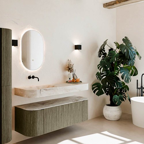 THOR-DLUX 140cm mueble de baño curva izquierda + derecha color Shadow con 1 cajón y 2 puertas. Lavabo suspendido CLOUD Izquierda sin orificio color Frappe.