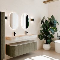 THOR-DLUX 140cm meubles de salle de bains courbe gauche + droite couleur Shadow avec 1 tiroir et 2 portes. Lavabo suspendu CLOUD Double 2 trous robinetterie couleur Frappe.