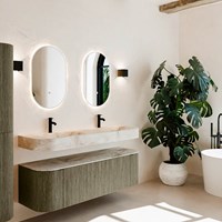 THOR-DLUX 150cm badmeubel ronding links + rechts kleur Shadow met 1 lade en 2 deuren. Vrijhangende wastafel CLOUD Dubbel 2 kraangaten kleur Frappe.