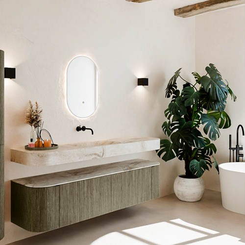 THOR-DLUX 180cm meubles de salle de bains courbe gauche + droite couleur Shadow avec 2 tiroirs et 2 portes. Lavabo suspendu CLOUD Centrée sans trou pour robinet couleur Frappe.