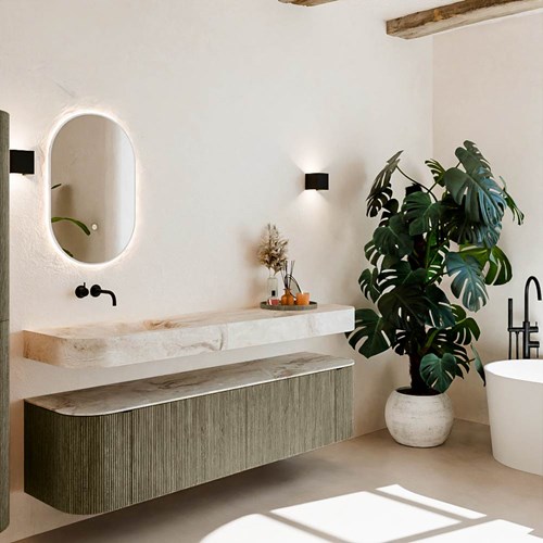 THOR-DLUX 180cm mueble de baño curva izquierda + derecha color Shadow con 2 cajones y 2 puertas. Lavabo suspendido CLOUD Izquierda sin orificio color Frappe.