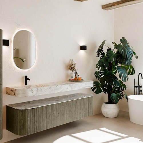 THOR-DLUX 180cm mueble de baño curva izquierda + derecha color Shadow con 2 cajones y 2 puertas. Lavabo suspendido CLOUD Izquierda 1 orificio color Glace.