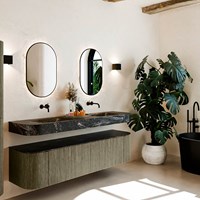 THOR-DLUX 180cm mueble de baño curva izquierda + derecha color Shadow con 2 cajones y 2 puertas. Lavabo suspendido CLOUD Doble sin orificio color Lava.