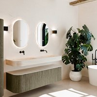 THOR-DLUX 160cm mueble de baño curva izquierda + derecha color Shadow con 1 cajón y 2 puertas. Lavabo suspendido CLOUD Doble sin orificio color Meli.