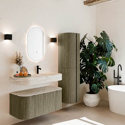 THOR-DLUX 100cm mueble de baño curva izquierda + derecha color Shadow con 1 cajón y 2 puertas. Lavabo suspendido CLOUD Derecho 1 orificio color Nata.