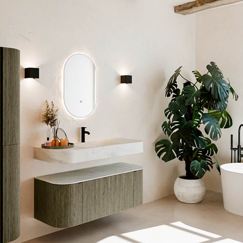 THOR-DLUX 120cm meubles de salle de bains courbe gauche + droite couleur Shadow avec 1 tiroir et 2 portes. Lavabo suspendu CLOUD Centrée 1 trou pour robinetter couleur Opalo.