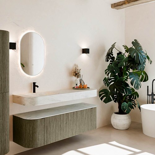 THOR-DLUX 150cm bathroom vanity set curve left + right color Shadow with 1 drawer and 2 doors. Floating sink CLOUD Left 1 tab hole color Opalo.