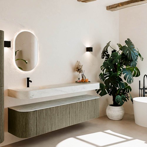 THOR-DLUX 190cm mueble de baño curva izquierda + derecha color Shadow con 2 cajones y 2 puertas. Lavabo suspendido CLOUD Izquierda 1 orificio color Opalo.