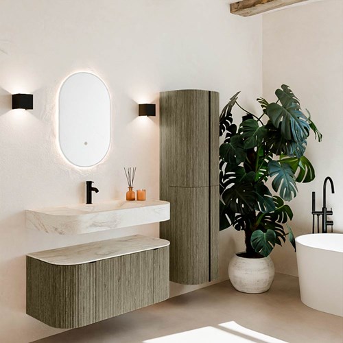 THOR-DLUX 100cm meubles de salle de bains courbe gauche + droite couleur Shadow avec 1 tiroir et 2 portes. Lavabo suspendu CLOUD Centrée 1 trou pour robinetter couleur Ostra.