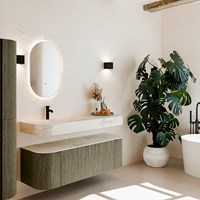 THOR-DLUX 140cm meubles de salle de bains courbe gauche + droite couleur Shadow avec 1 tiroir et 2 portes. Lavabo suspendu CLOUD Gauche 1 trou pour robinetter couleur Ostra.