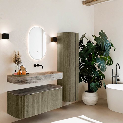 THOR-DLUX 110cm meubles de salle de bains courbe gauche + droite couleur Shadow avec 1 tiroir et 2 portes. Lavabo suspendu CLOUD Droite sans trou pour robinet couleur Oza.