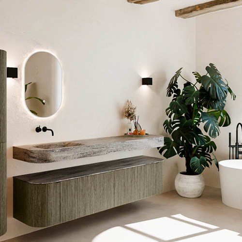THOR-DLUX 190cm bathroom vanity set curve left + right color Shadow with 2 drawers and 2 doors. Wall mounted sink CLOUD Left without tab hole color Oza.