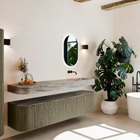 THOR-DLUX 190cm meubles de salle de bains courbe gauche + droite couleur Shadow avec 2 tiroirs et 2 portes. Lavabo suspendu CLOUD Droite sans trou pour robinet couleur Oza.